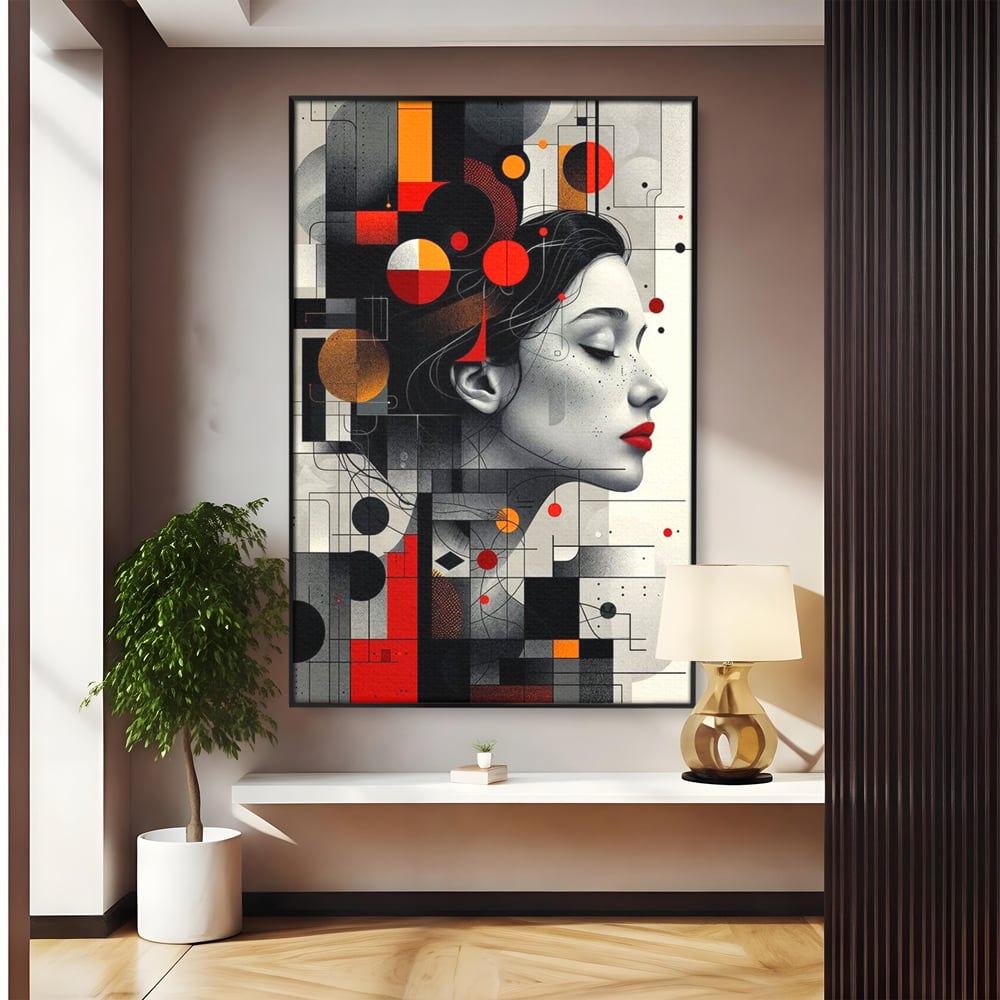 Tablou canvas cu tablou canvas cu portret feminin si forme geometrice, in rama de aluminiu negru